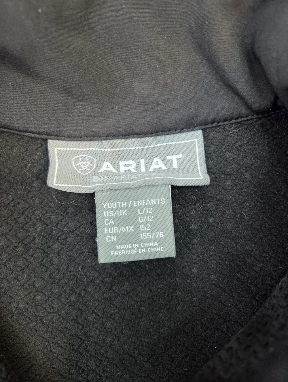 Ariat Team Softshell Mexico Jacket Youth Large (12) Black Full Zip Fleece Lined